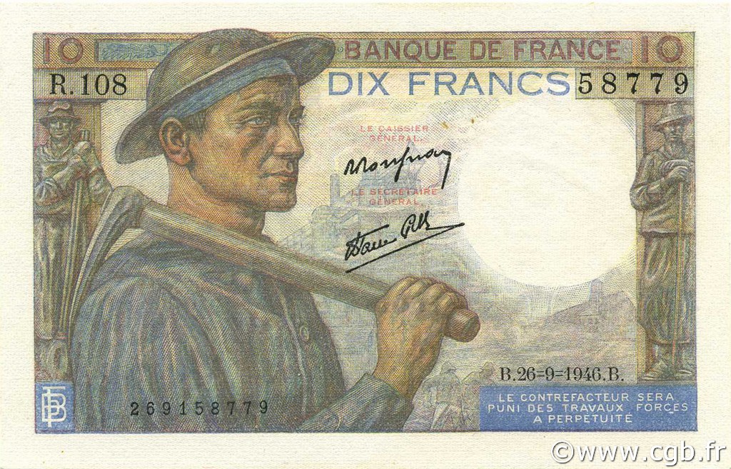 10 Francs MINEUR FRANCE  1946 F.08.15 AU+
