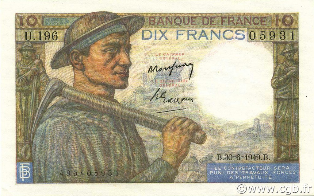10 Francs MINEUR FRANCE  1949 F.08.22 UNC-