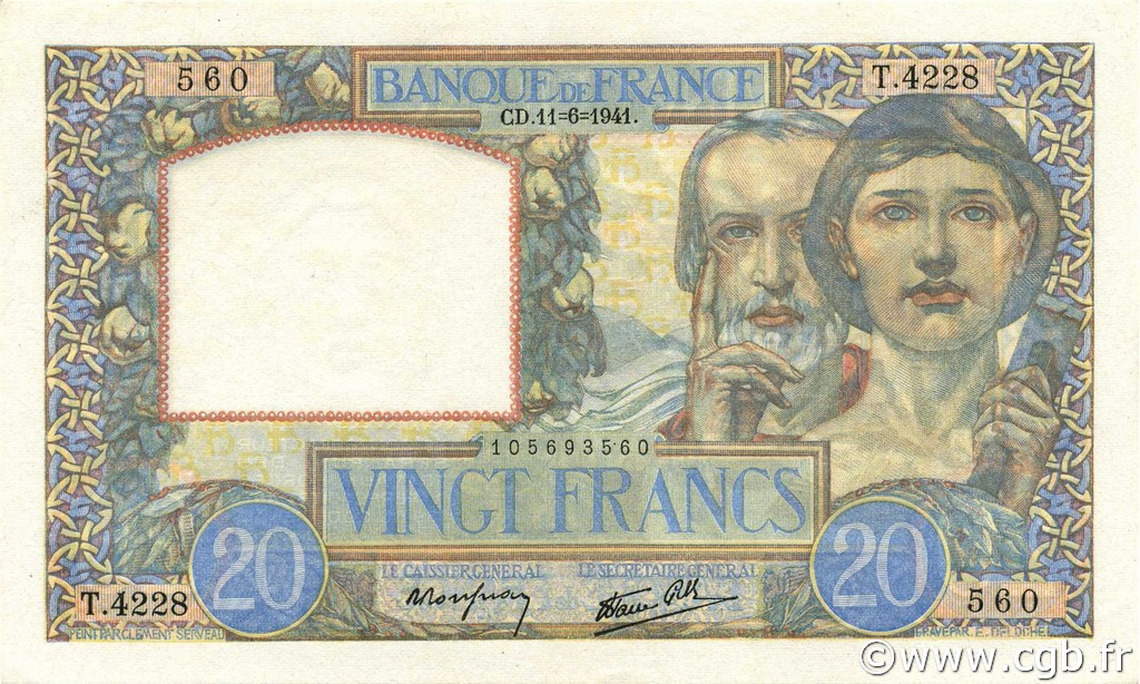 20 Francs TRAVAIL ET SCIENCE FRANCE  1941 F.12.15 UNC