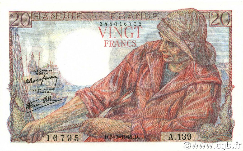 20 Francs PÊCHEUR FRANCE  1945 F.13.10 UNC