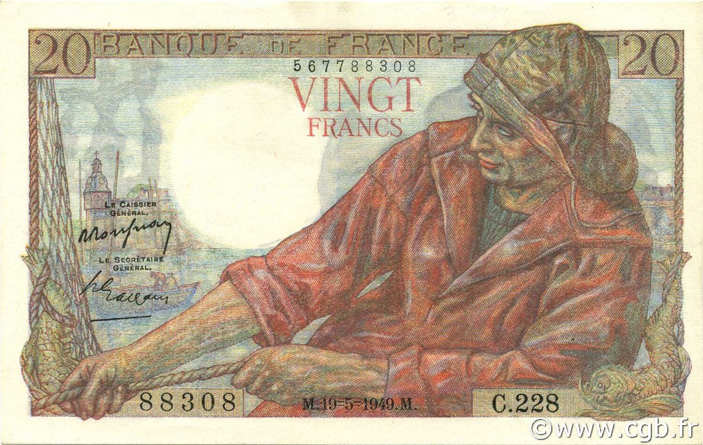 20 Francs PÊCHEUR FRANKREICH  1949 F.13.15 fST+
