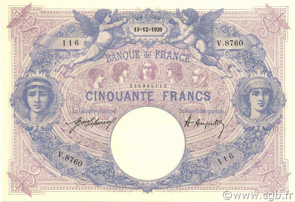 50 Francs BLEU ET ROSE FRANCE  1920 F.14.33 XF - AU