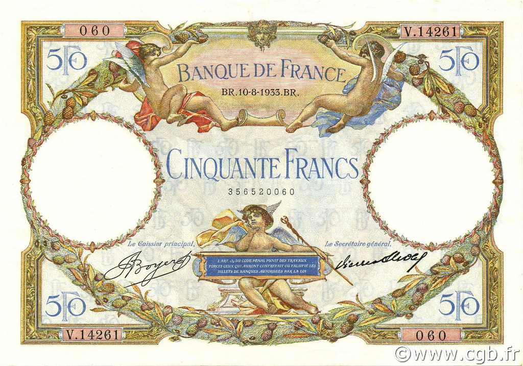 50 Francs LUC OLIVIER MERSON type modifié FRANCIA  1933 F.16.04 EBC+
