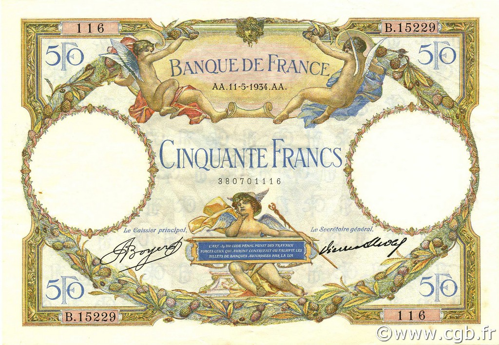 50 Francs LUC OLIVIER MERSON type modifié FRANCIA  1934 F.16.05 SPL+