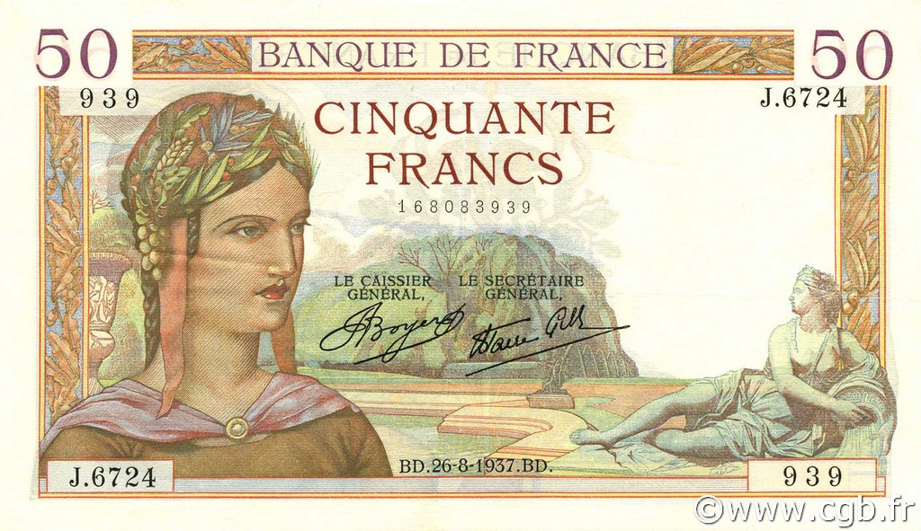 50 Francs CÉRÈS modifié FRANKREICH  1937 F.18.02 VZ