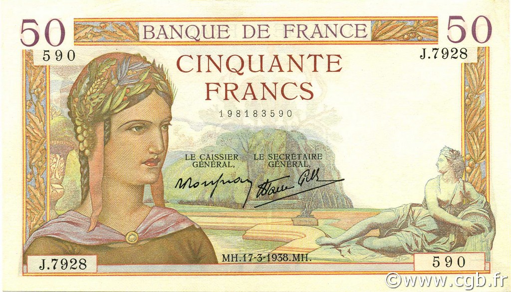 50 Francs CÉRÈS modifié FRANCIA  1938 F.18.10 q.FDC