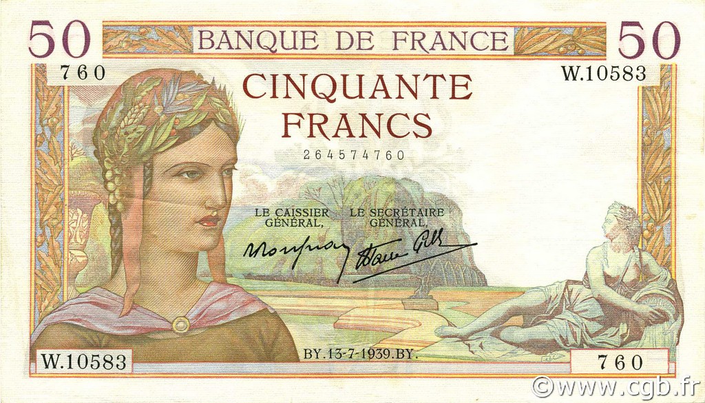50 Francs CÉRÈS modifié FRANCIA  1939 F.18.28 q.SPL
