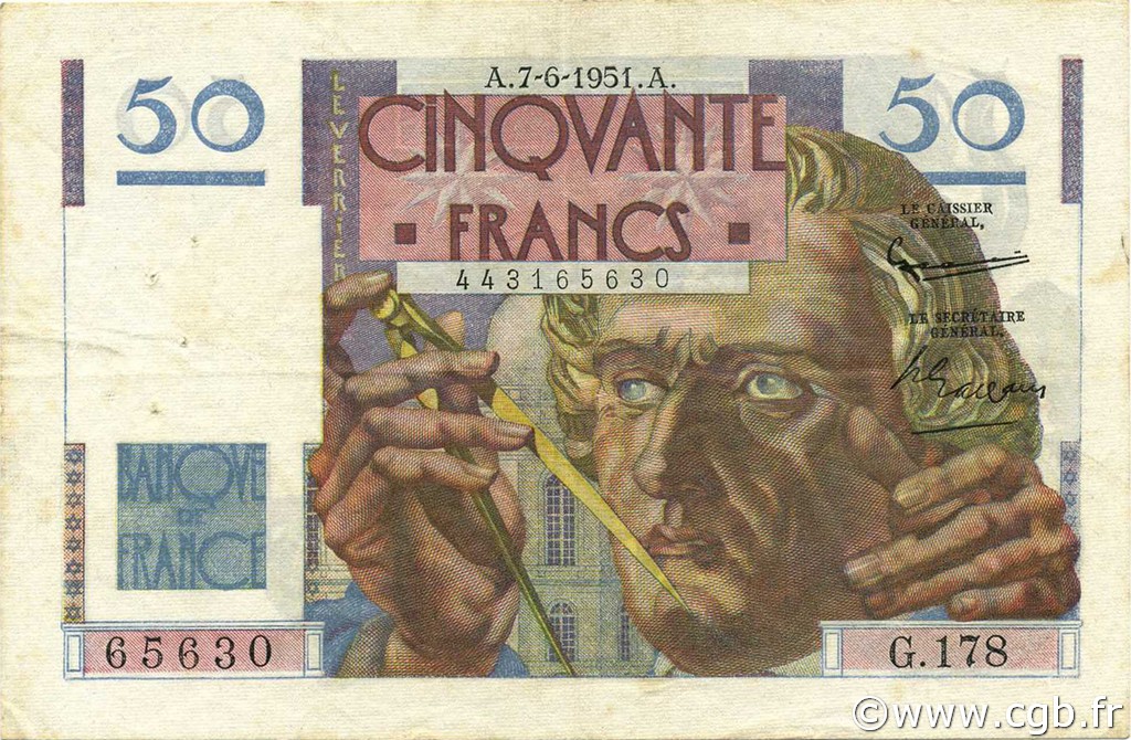 50 Francs LE VERRIER FRANCIA  1951 F.20.18 MBC