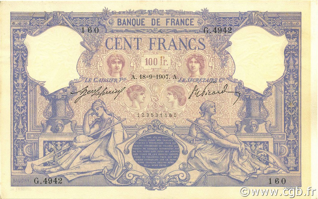 100 Francs BLEU ET ROSE FRANCE  1907 F.21.22 XF