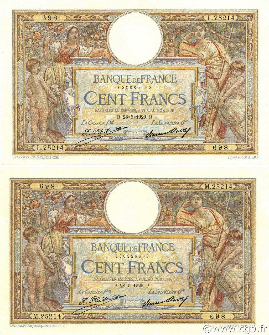 100 Francs LUC OLIVIER MERSON grands cartouches FRANCE  1929 F.24.08 XF - AU