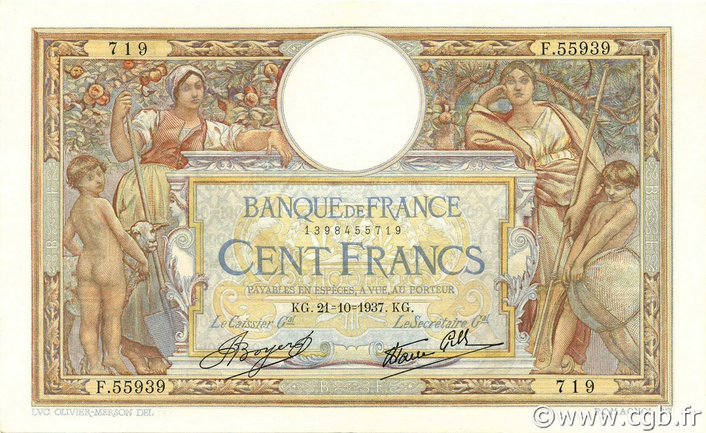 100 Francs LUC OLIVIER MERSON type modifié FRANKREICH  1937 F.25.03 VZ to fST