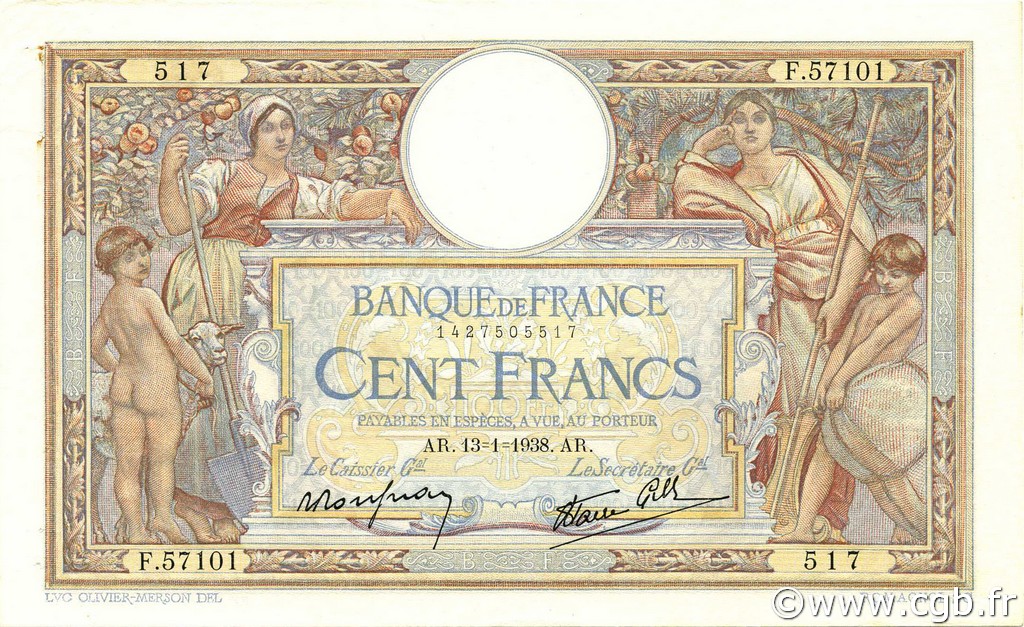 100 Francs LUC OLIVIER MERSON type modifié FRANCIA  1938 F.25.08 EBC