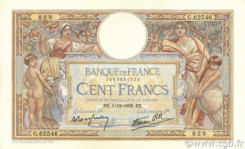 100 Francs LUC OLIVIER MERSON type modifié FRANKREICH  1938 F.25.35 VZ