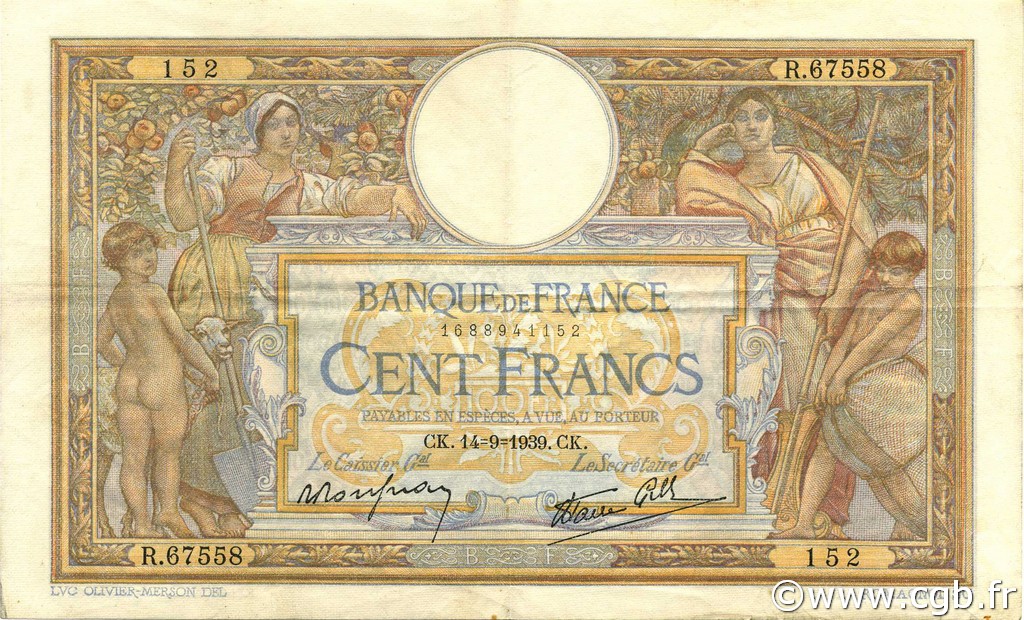 100 Francs LUC OLIVIER MERSON type modifié FRANCE  1939 F.25.49 VF+