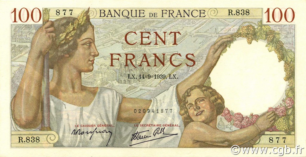 100 Francs SULLY FRANCE  1939 F.26.06 UNC
