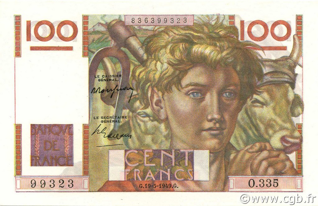 100 Francs JEUNE PAYSAN FRANCE  1949 F.28.24 UNC