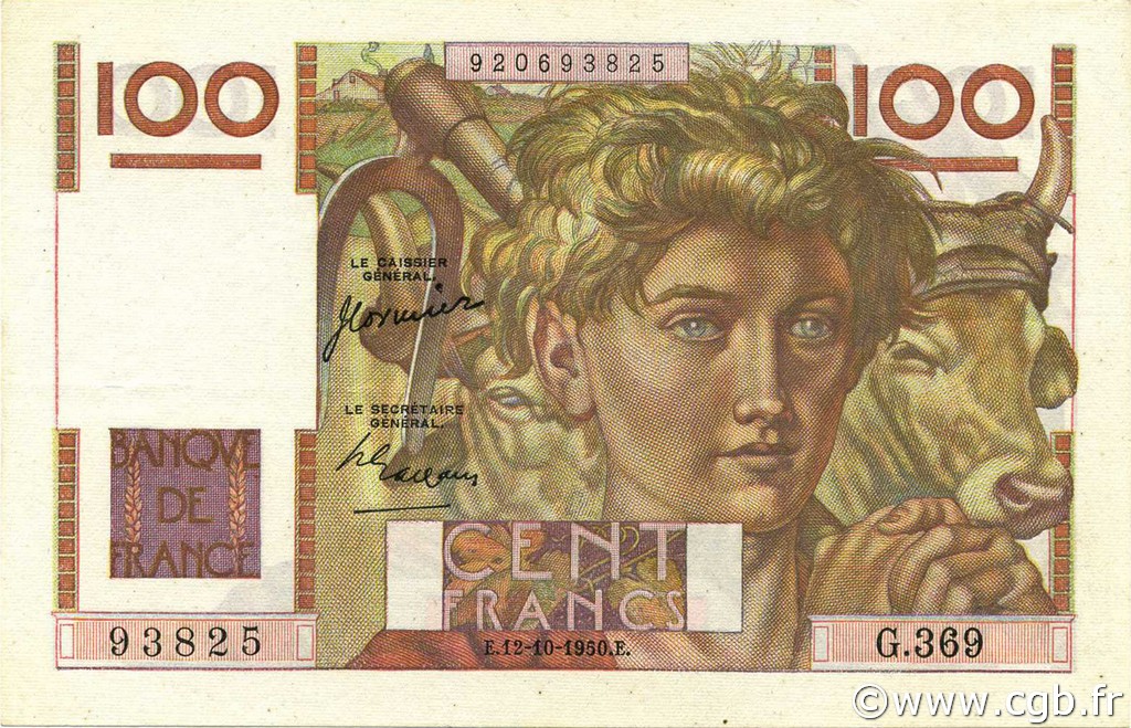 100 Francs JEUNE PAYSAN FRANCE  1950 F.28.27 pr.SPL