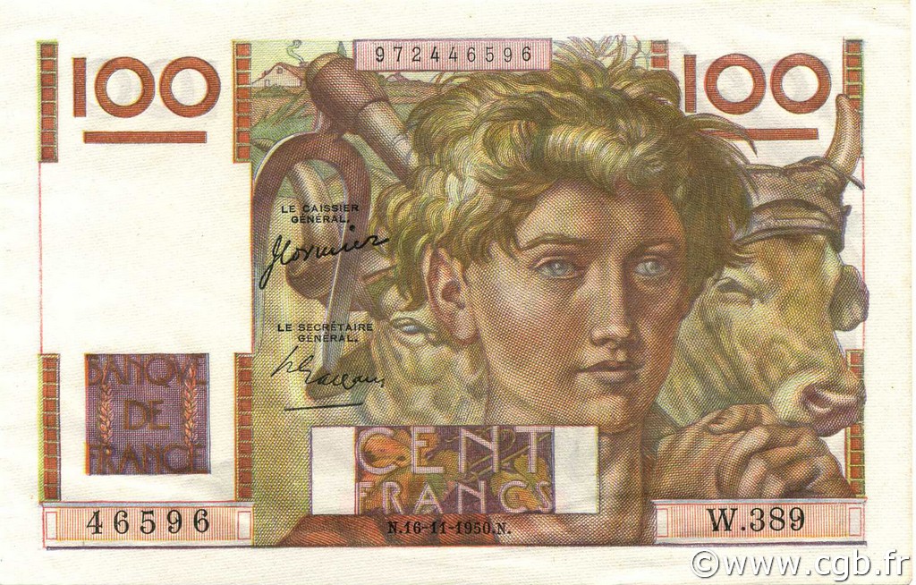 100 Francs JEUNE PAYSAN FRANCE  1950 F.28.28 AU+
