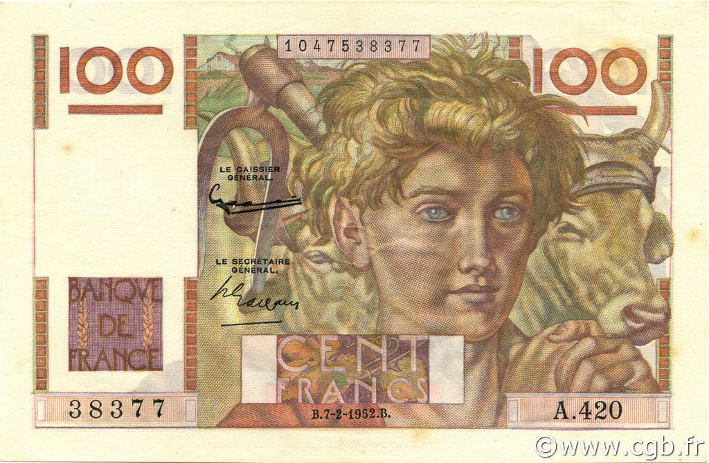 100 Francs JEUNE PAYSAN FRANCE  1952 F.28.31 AU-