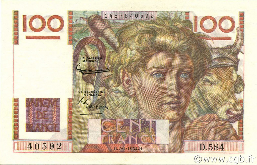 100 Francs JEUNE PAYSAN FRANCE  1954 F.28.41 SPL+