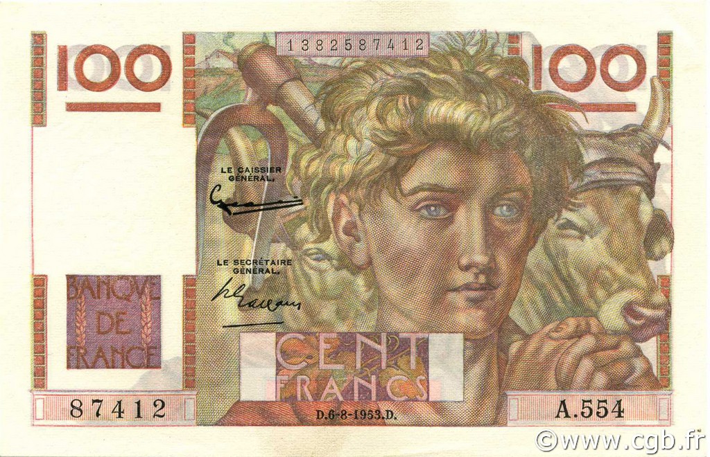 100 Francs JEUNE PAYSAN filigrane inversé FRANCIA  1953 F.28bis.02 SC+