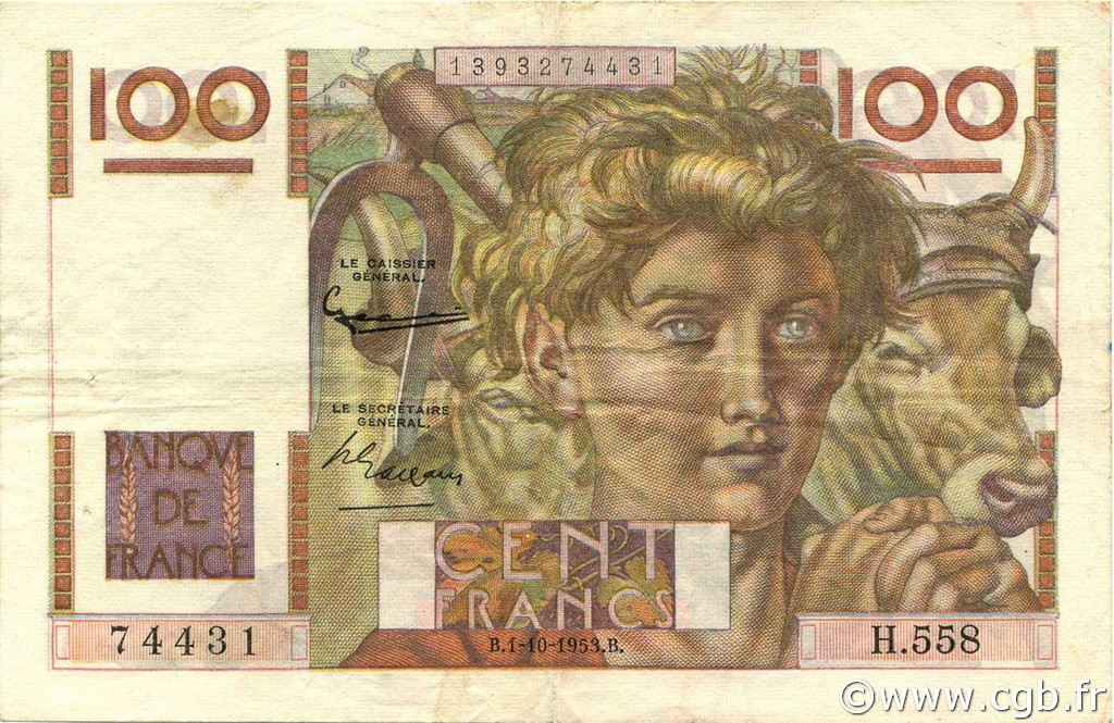 100 Francs JEUNE PAYSAN filigrane inversé FRANKREICH  1953 F.28bis.03 fVZ