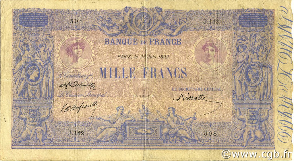 1000 Francs BLEU ET ROSE FRANCIA  1892 F.36.04 BC+
