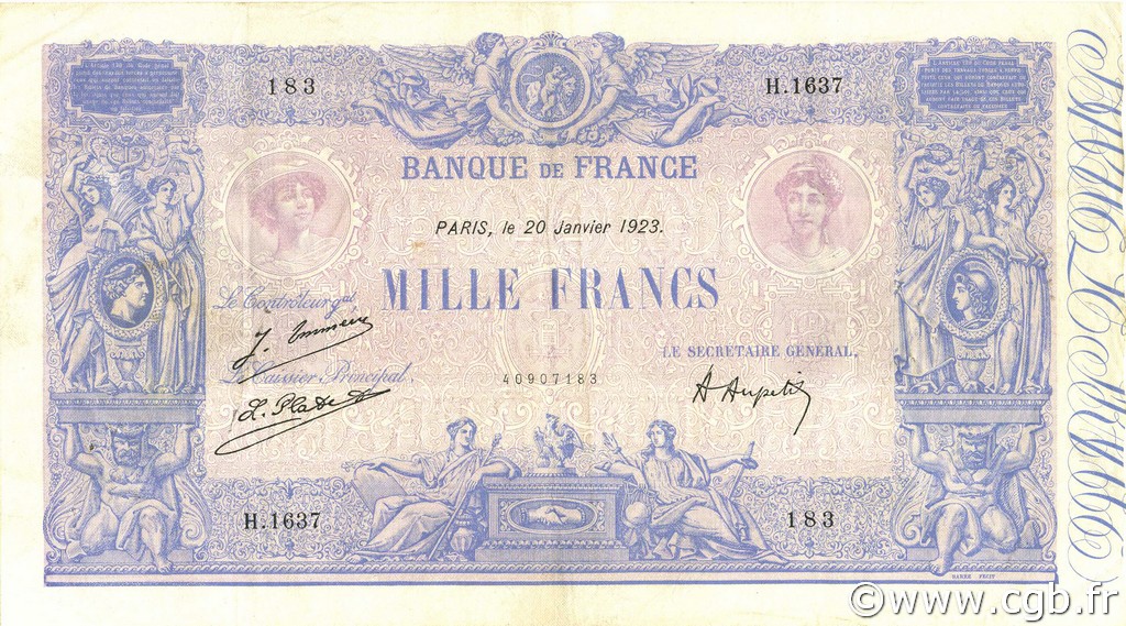 1000 Francs BLEU ET ROSE FRANCE  1923 F.36.39 TTB+