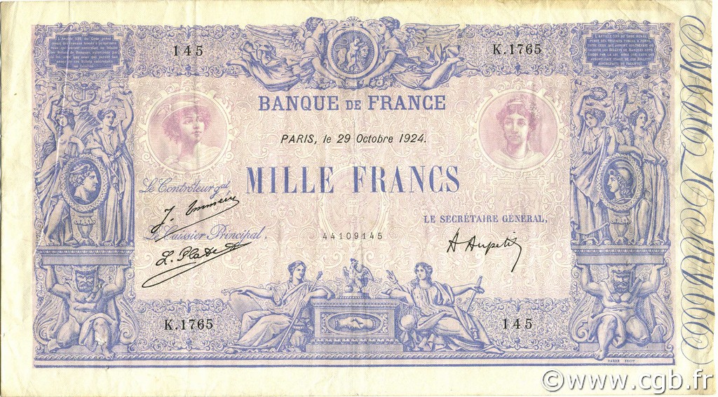 1000 Francs BLEU ET ROSE FRANCIA  1924 F.36.40 MBC