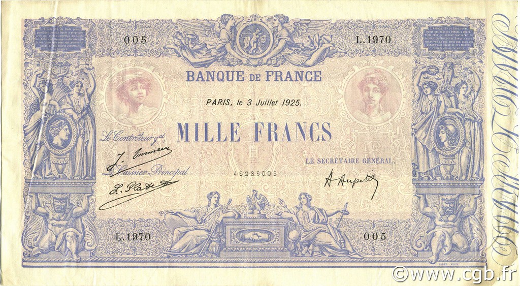 1000 Francs BLEU ET ROSE FRANKREICH  1925 F.36.41 SS to VZ