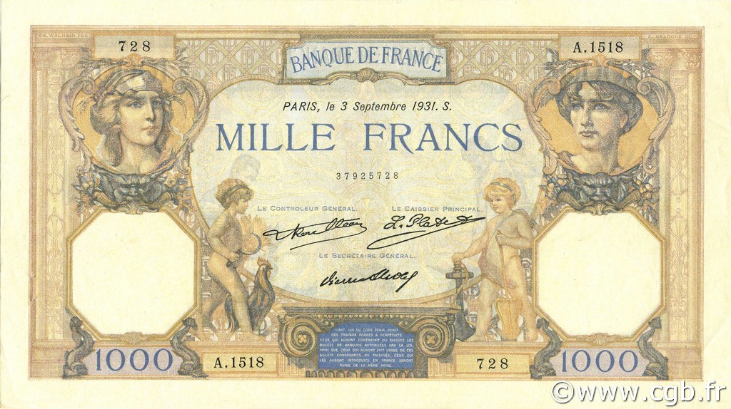 1000 Francs CÉRÈS ET MERCURE FRANCE  1931 F.37.06 XF+