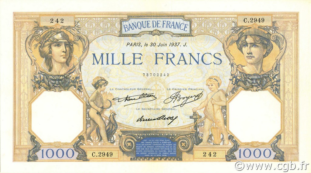 1000 Francs CÉRÈS ET MERCURE FRANKREICH  1937 F.37.10 VZ