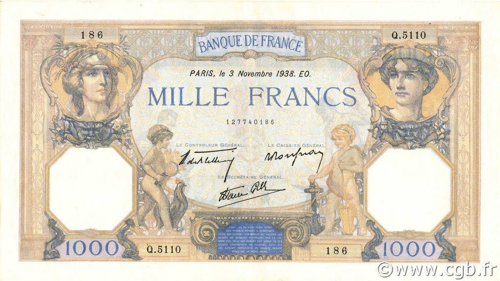 1000 Francs CÉRÈS ET MERCURE type modifié FRANCIA  1938 F.38.32 SPL+