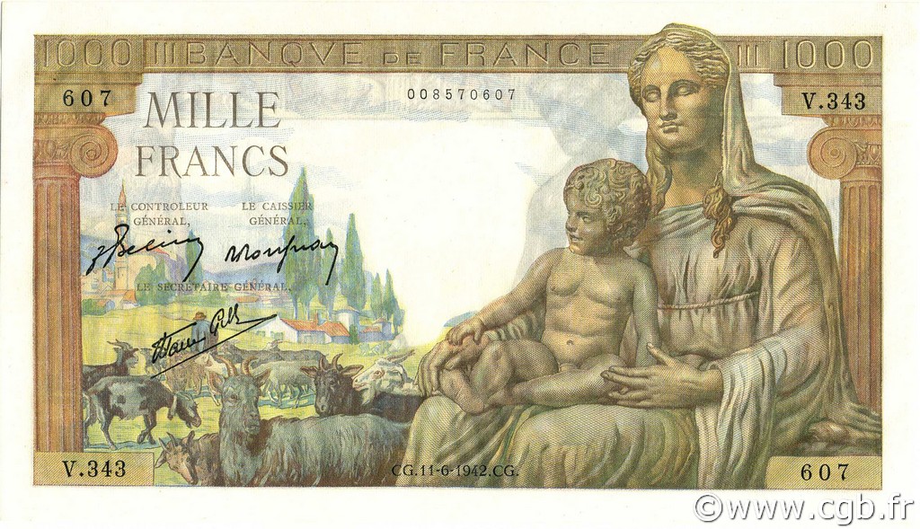 1000 Francs DÉESSE DÉMÉTER FRANKREICH  1942 F.40.02 fST+