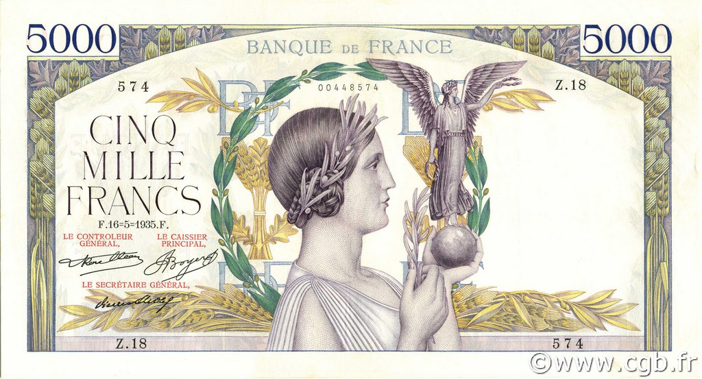 5000 Francs VICTOIRE FRANCE  1935 F.44.02 XF