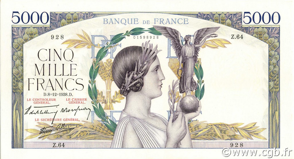 5000 Francs VICTOIRE Impression à plat FRANCE  1938 F.46.01 XF+
