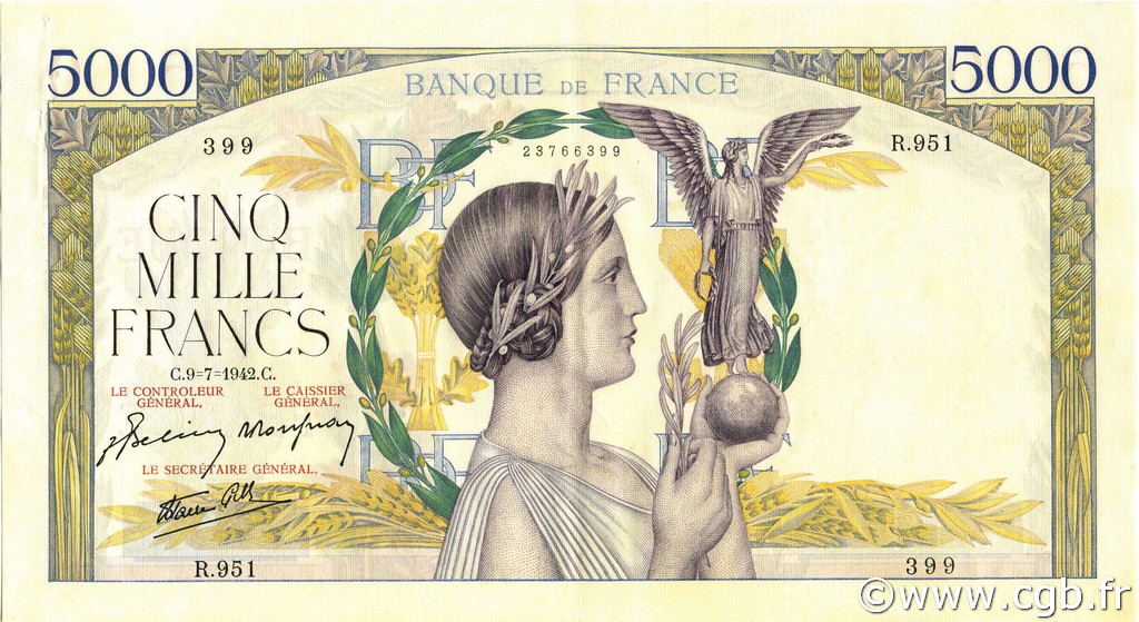 5000 Francs VICTOIRE Impression à plat FRANCIA  1942 F.46.38 EBC