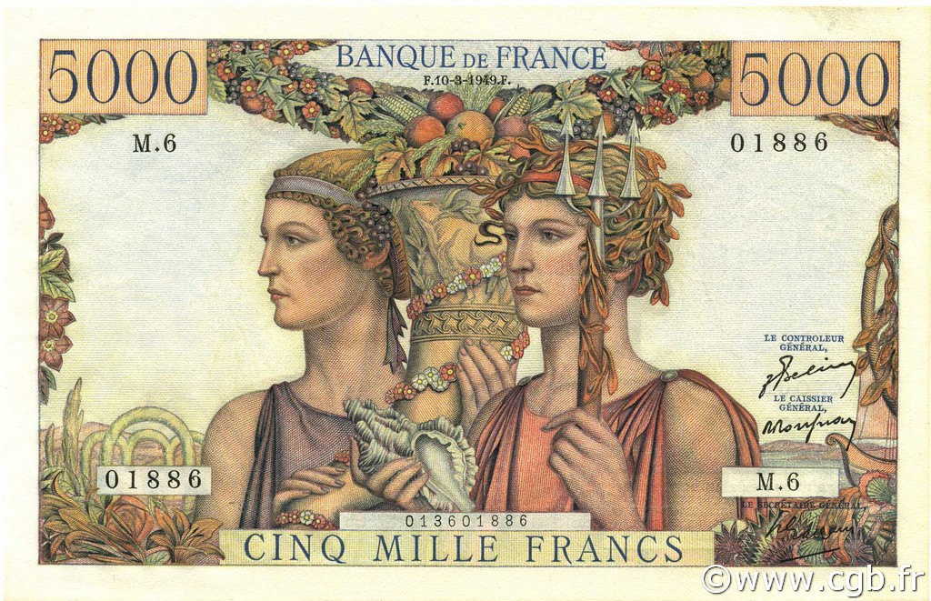 5000 Francs TERRE ET MER FRANKREICH  1949 F.48.01 VZ+