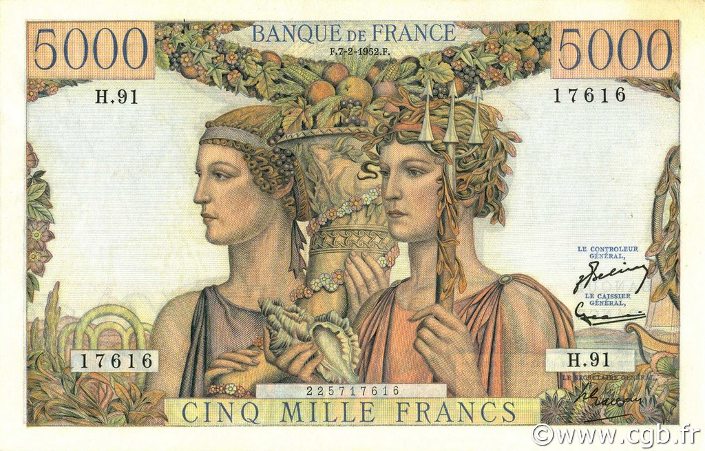 5000 Francs TERRE ET MER FRANCIA  1952 F.48.06 EBC+