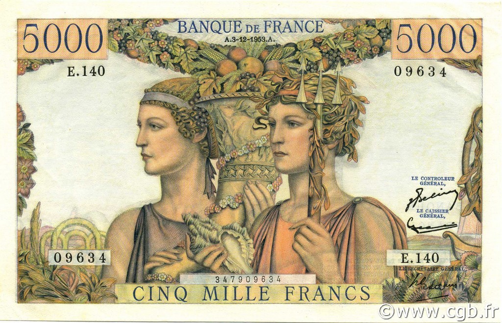 5000 Francs TERRE ET MER FRANCIA  1953 F.48.10 SC