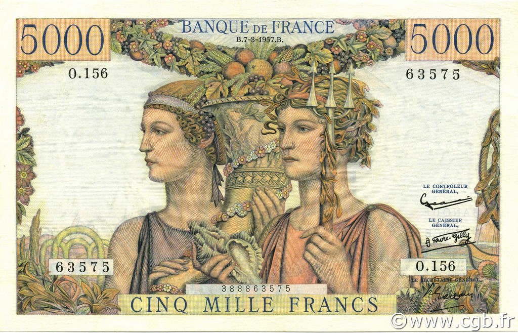 5000 Francs TERRE ET MER FRANKREICH  1957 F.48.13 VZ+
