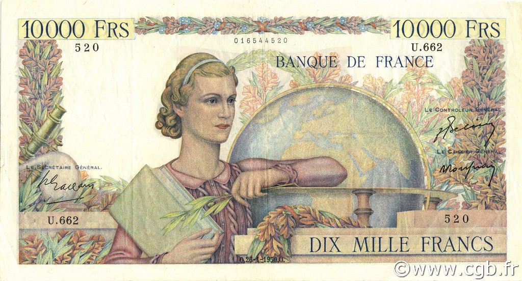 10000 Francs GÉNIE FRANÇAIS FRANKREICH  1950 F.50.28 SS
