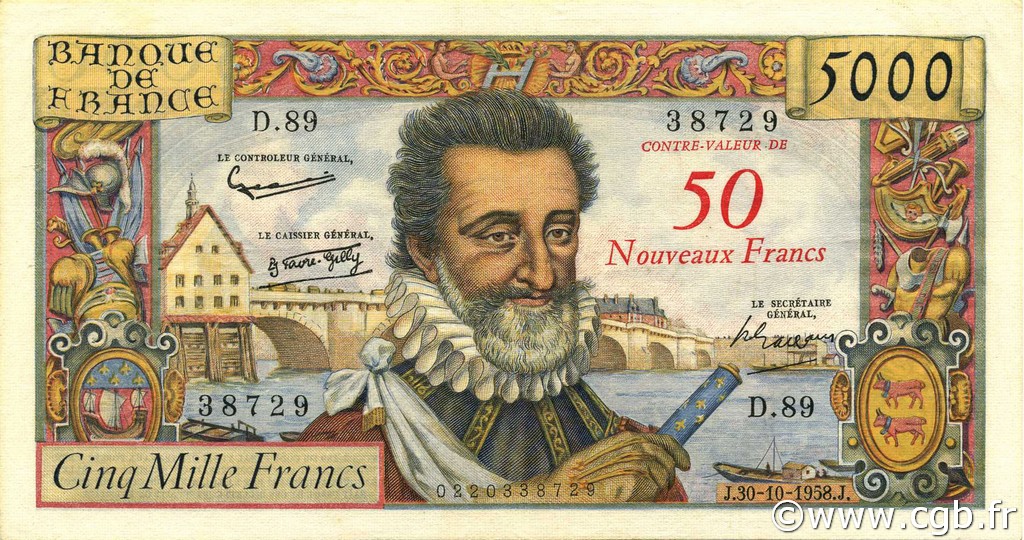 50 NF sur 5000 Francs HENRI IV Petit numéro FRANCIA  1958 F.54.01 MBC+