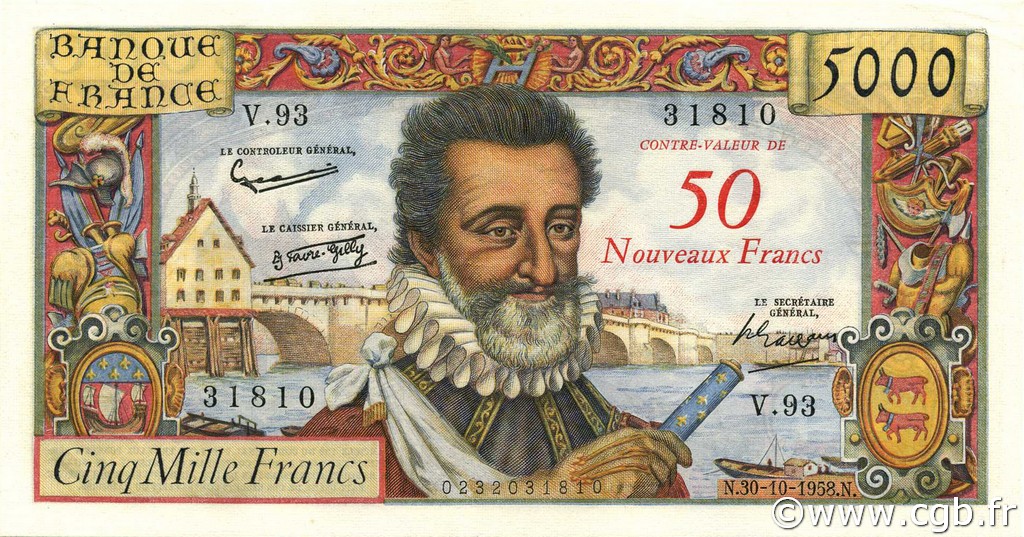 50 NF sur 5000 Francs HENRI IV FRANCE  1958 F.54.01 XF+