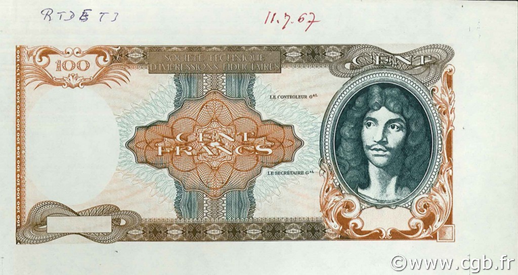 100 Francs MOLIÈRE Épreuve FRANCE  1944 VF.15E.01b NEUF