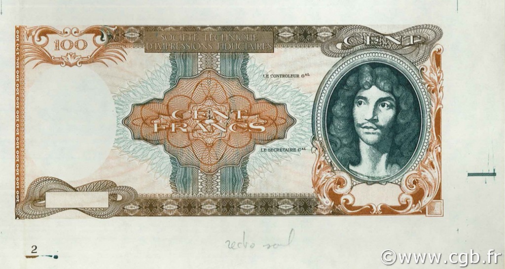 100 Francs MOLIÈRE Épreuve FRANCE  1944 VF.15E.01b UNC