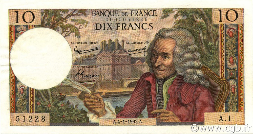 10 Francs VOLTAIRE FRANCE  1963 F.62.01 XF