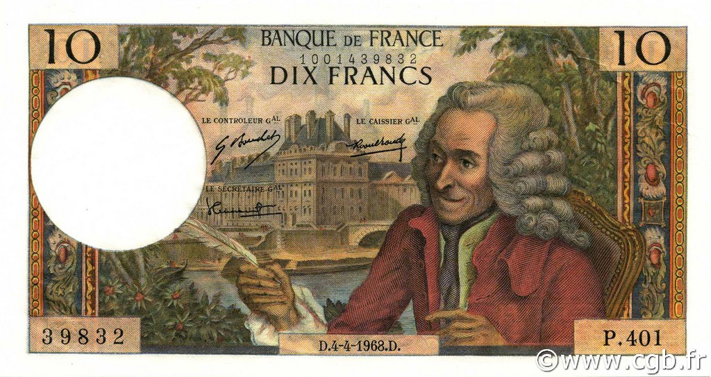 10 Francs VOLTAIRE FRANKREICH  1968 F.62.32 fST+