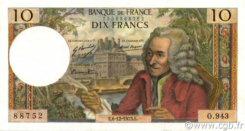 10 Francs VOLTAIRE FRANCIA  1973 F.62.65 FDC