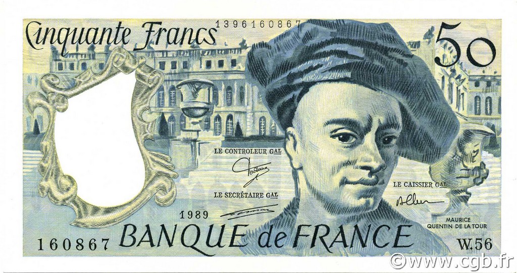 50 Francs QUENTIN DE LA TOUR FRANCIA  1989 F.67.15 SPL a AU